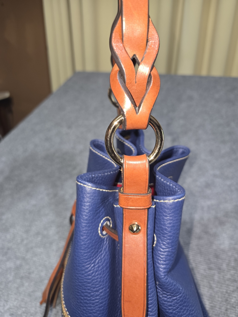 Dooney & Bourke Dillen II Navy Blue Pebbled Leather Drawstring Bucket Bag - Picture 12 of 14